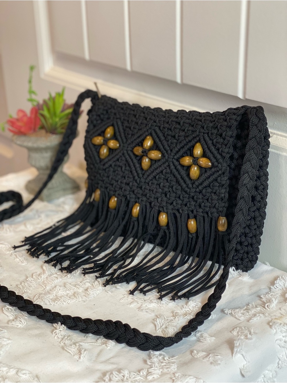 Handwoven Black Macramé Fringe Crossbody Bag with Wooden Beads